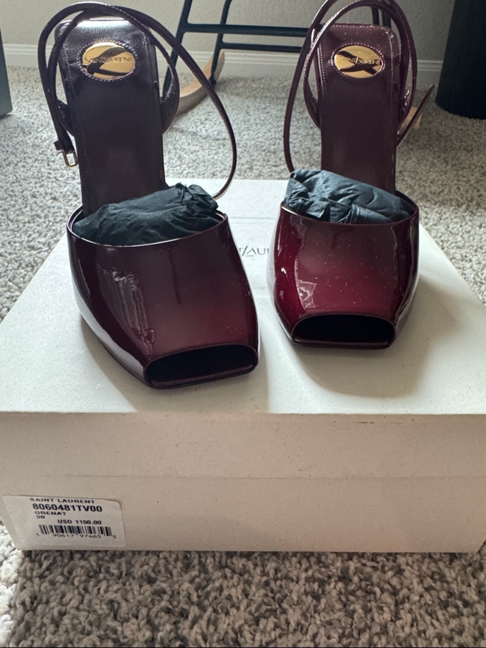 Saint Laurent La Scandale Grenat Patent Leather Slingback Square Peep Toe